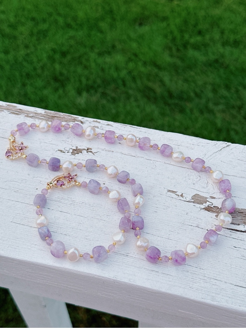 26X476 Handmade Freshwater Baroque Pearl Amethyst Necklace Bracelet Set